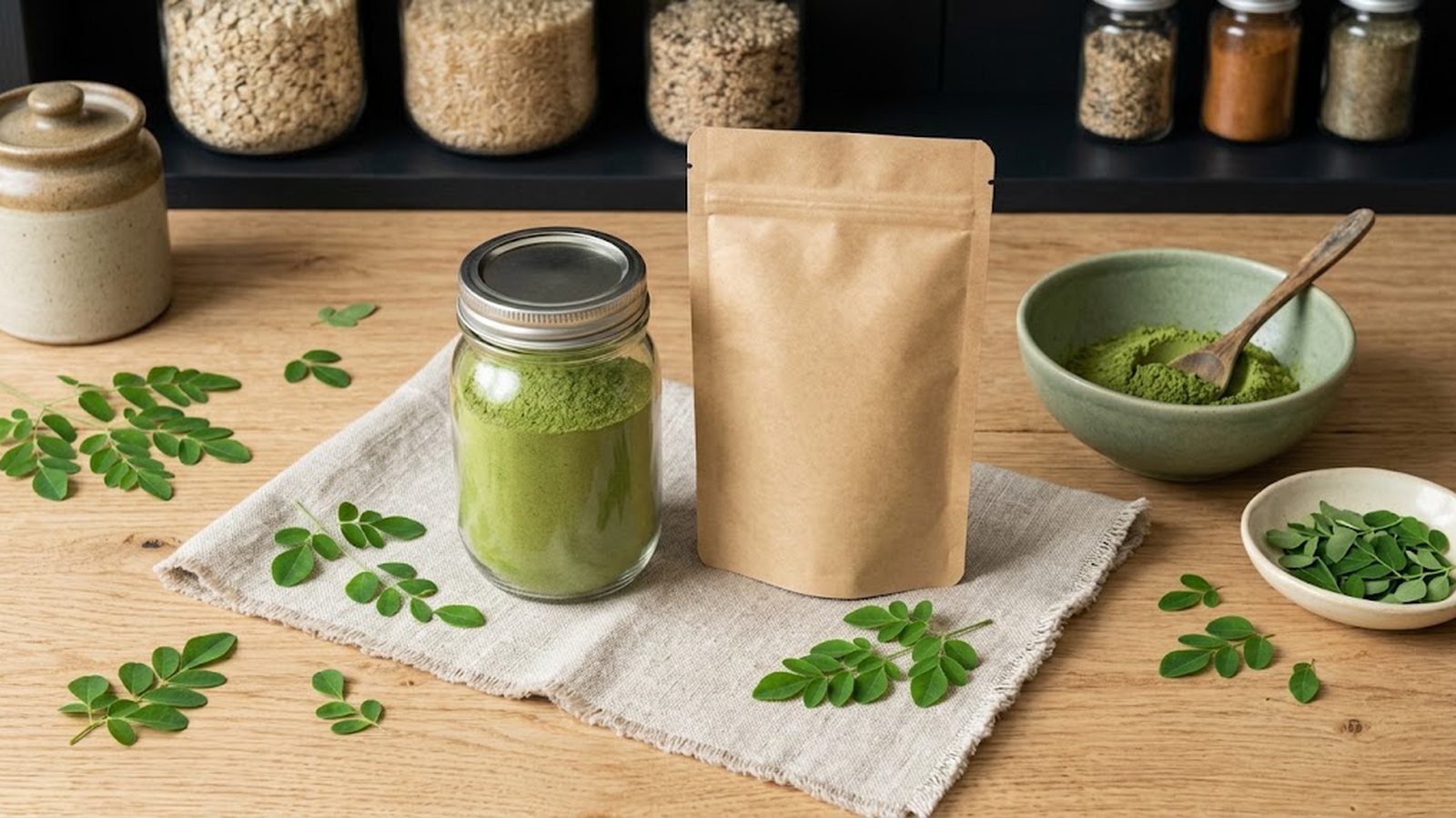 A glass jar of fresh green moringa powder sits on a linen cloth next to a kraft pouch and a bowl of moringa powder on a wooden shelf.