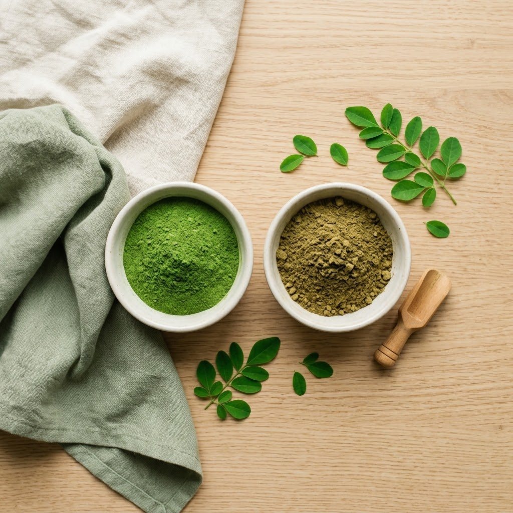Two small dishes side by side: fresh vivid green moringa powder and dull olive-brown aged moringa powder, top-down on white