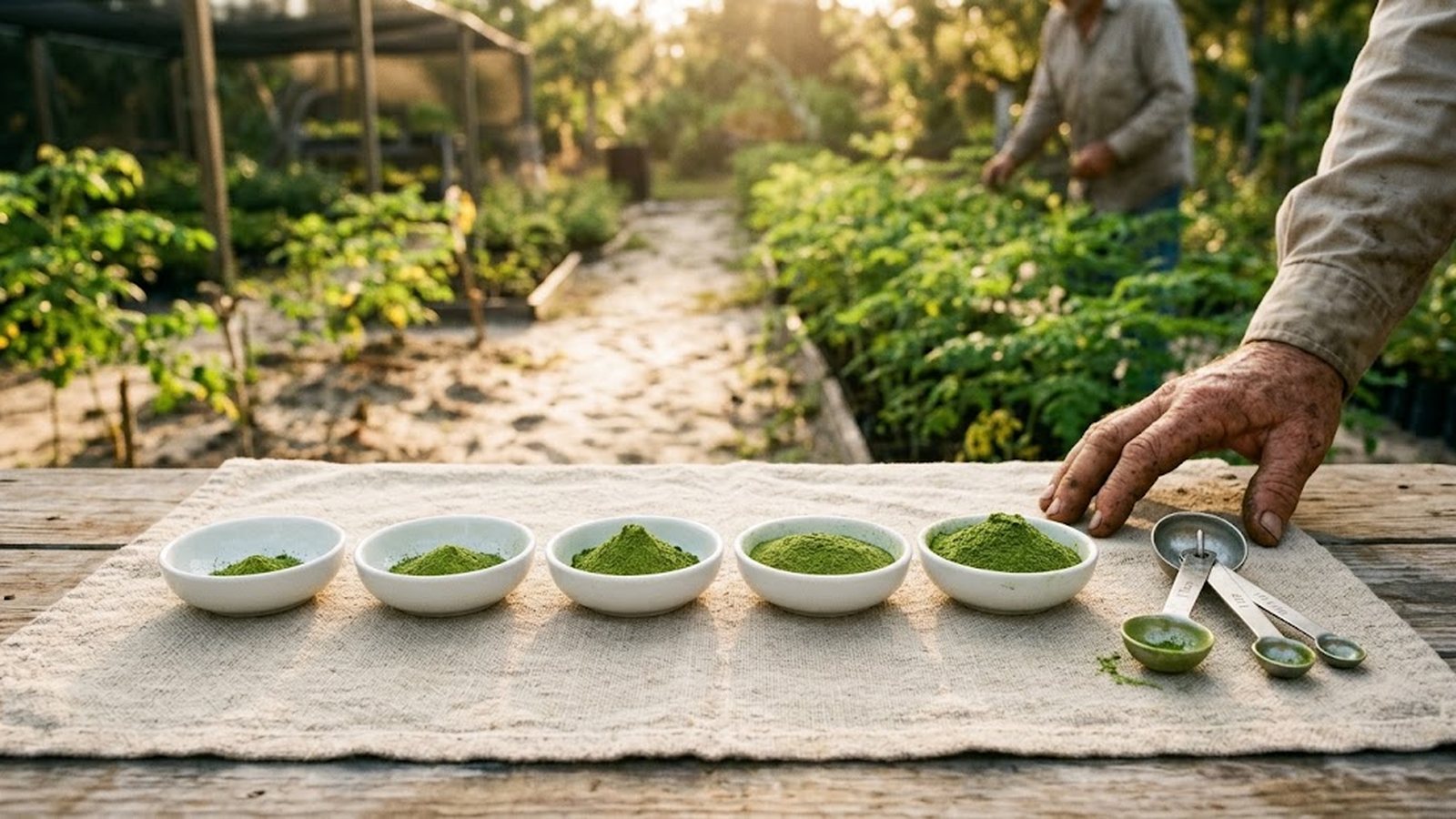 Five white bowls filled with varying amounts of fresh green moringa powder are arranged on a linen cloth, with measuring spoons beside them.