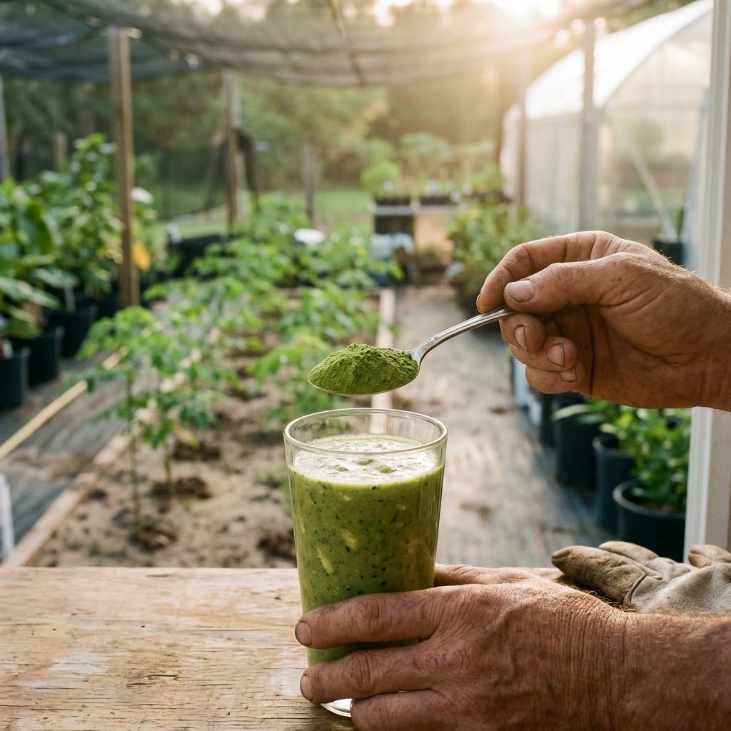 A level teaspoon of moringa powder held over a tall glass of green smoothie
