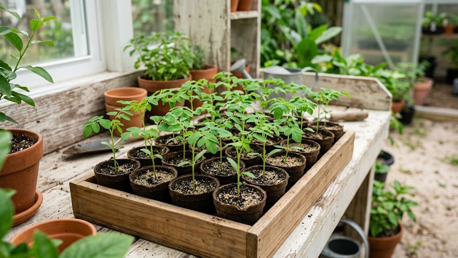 A wooden tray filled with young moringa seedlings in biodegradable pots sits on a rustic potting bench.