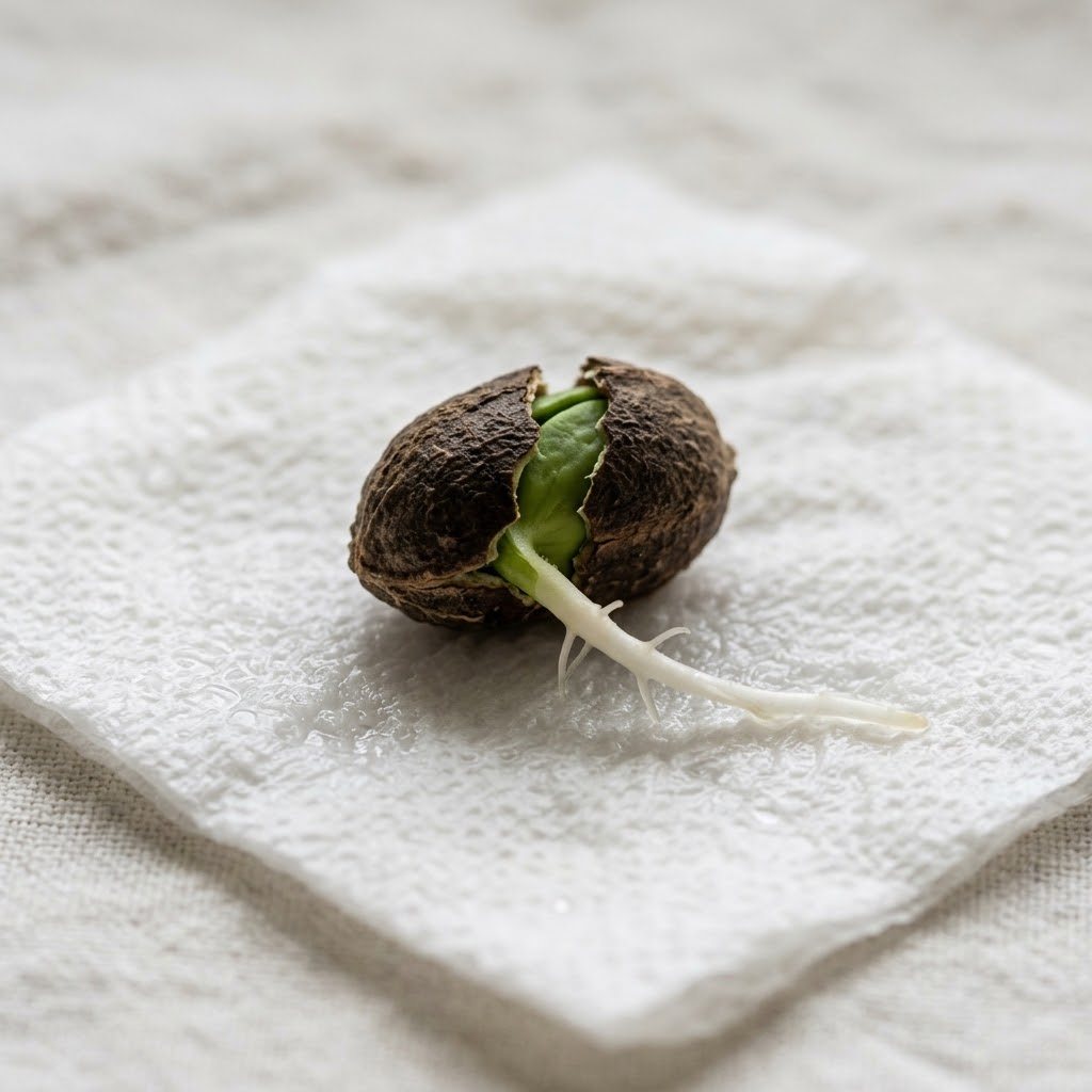Macro of a moringa seed splitting open with a white taproot emerging on damp paper towel