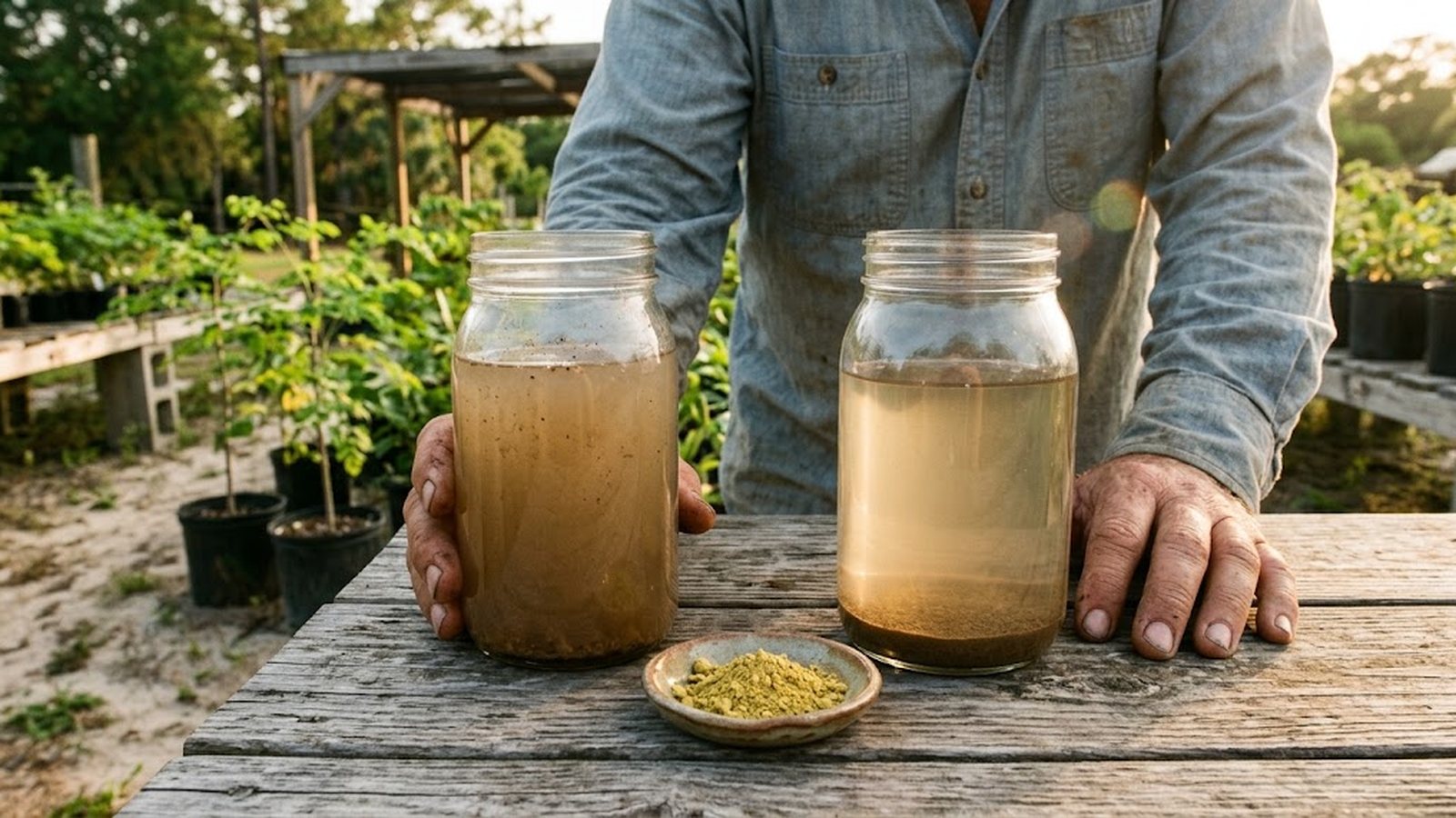 A farmer demonstrates moringa seed powder's water purification capabilities with two jars of water.