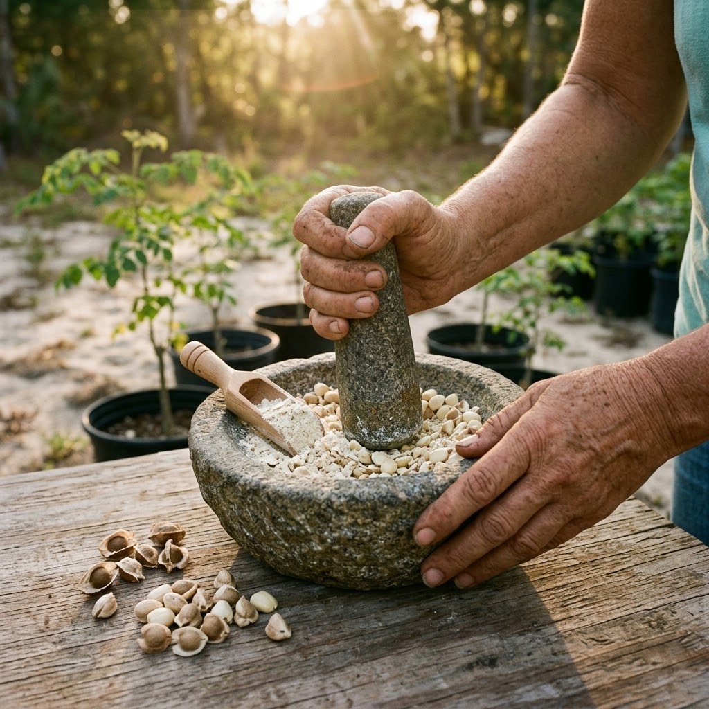 A stone mortar and pestle crushing pale moringa seed kernels into a coarse powder, a few whole seeds beside