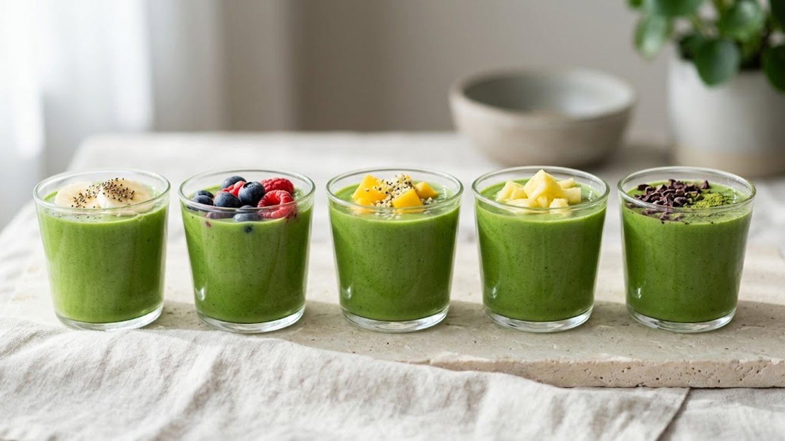 Five glasses of vibrant green moringa smoothies, each topped with a different fruit or superfood.