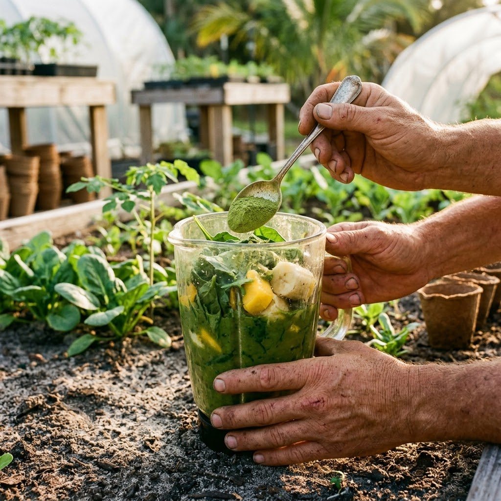 Hands adding a spoonful of green moringa powder to a blender filled with spinach, banana, and mango in a garden setting