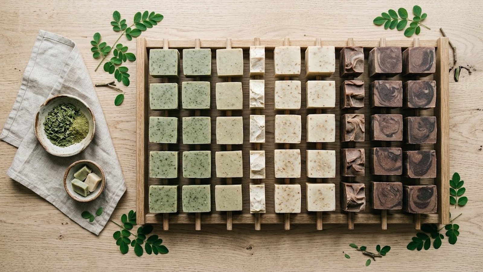Handmade moringa soap bars in various natural shades curing on a wooden rack, with fresh moringa leaves and dried moringa ingredients nearby.