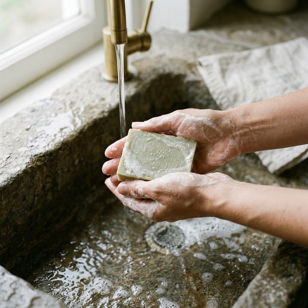 Hands lathering a pale sage-green handmade soap bar under running water, creamy lather, stone sink