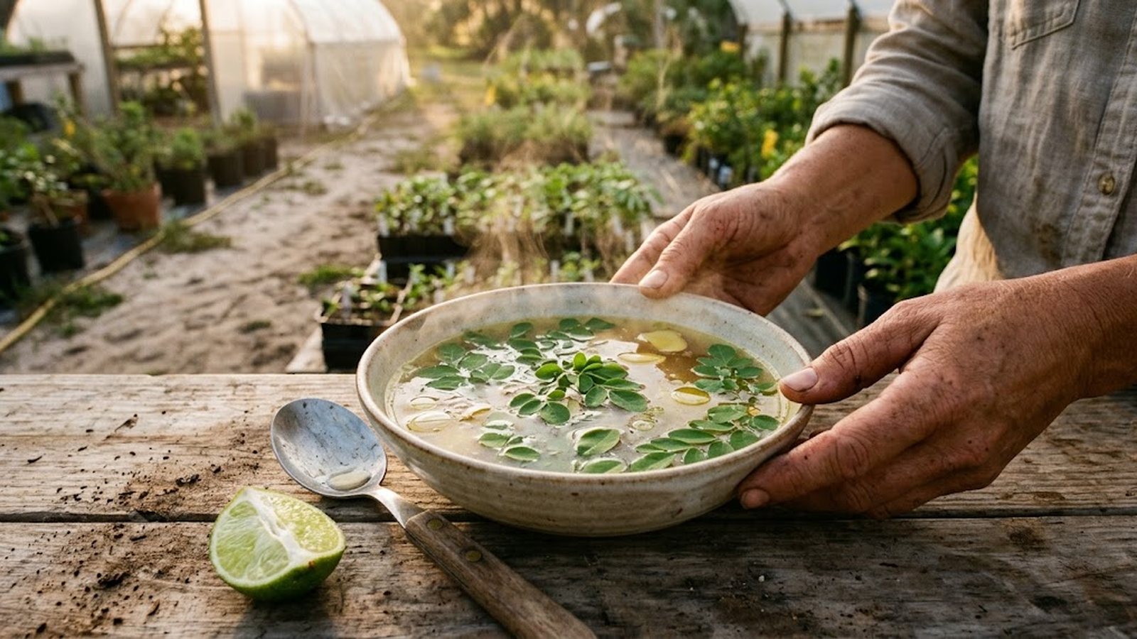 A person's hands hold a rustic bowl of moringa soup with fresh leaves and ginger slices, set on a wooden table with a lime wedge and spoon.