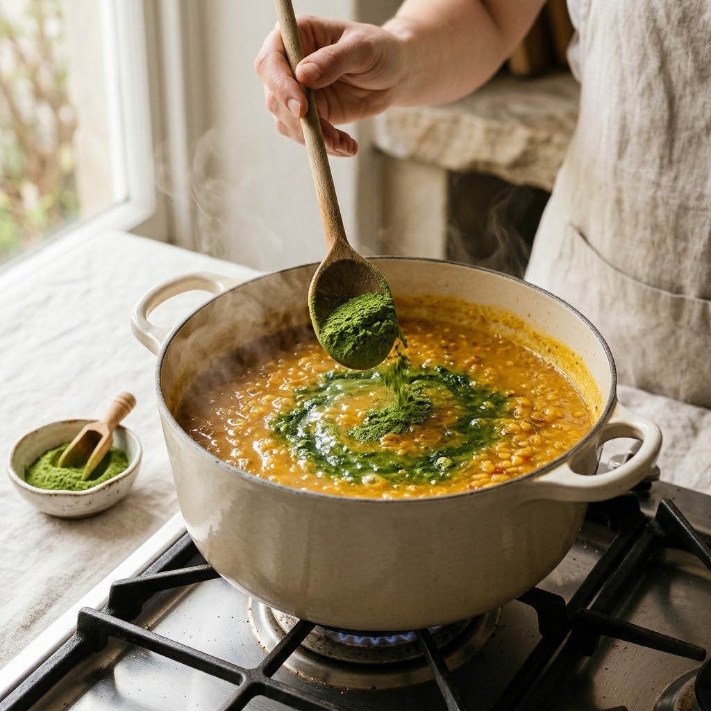 A pot of golden red-lentil soup on a stove with a spoonful of moringa powder being stirred in, steam rising