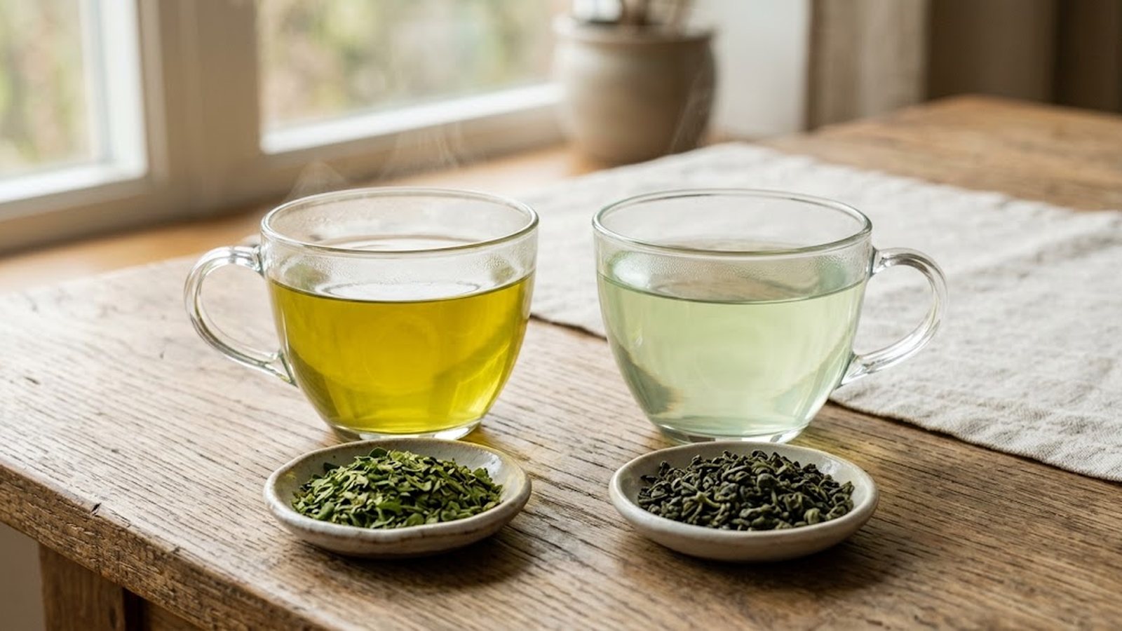 Two cups of tea, one golden-green moringa leaf tea and one pale green tea, sit on a wooden table with dishes of dried moringa leaves and rolled green tea leaves.
