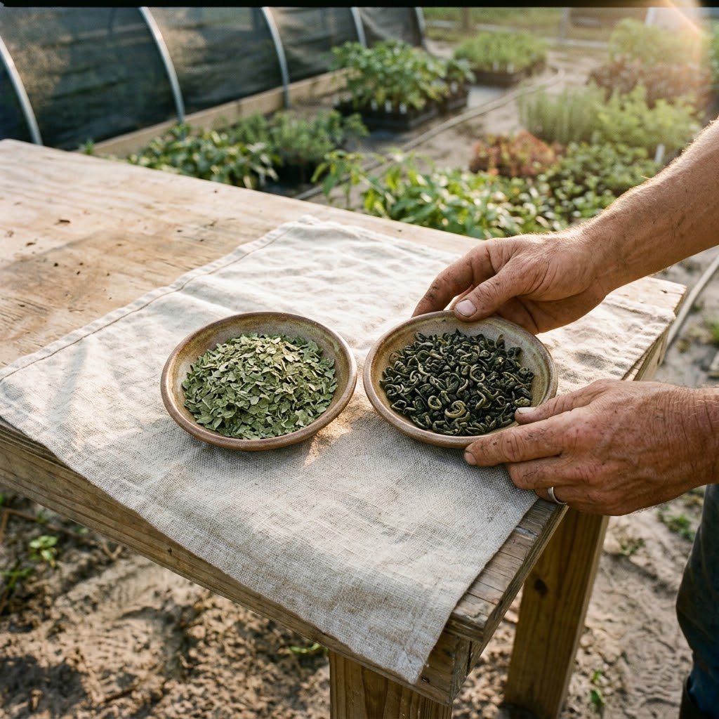 Top-down: two small ceramic dishes, one with dried crumbled moringa leaf, one with rolled green tea leaves, on a linen cloth