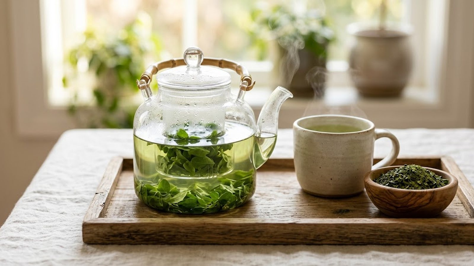 A glass teapot steeps fresh moringa leaves, with a mug of tea and dried leaves on a wooden tray.