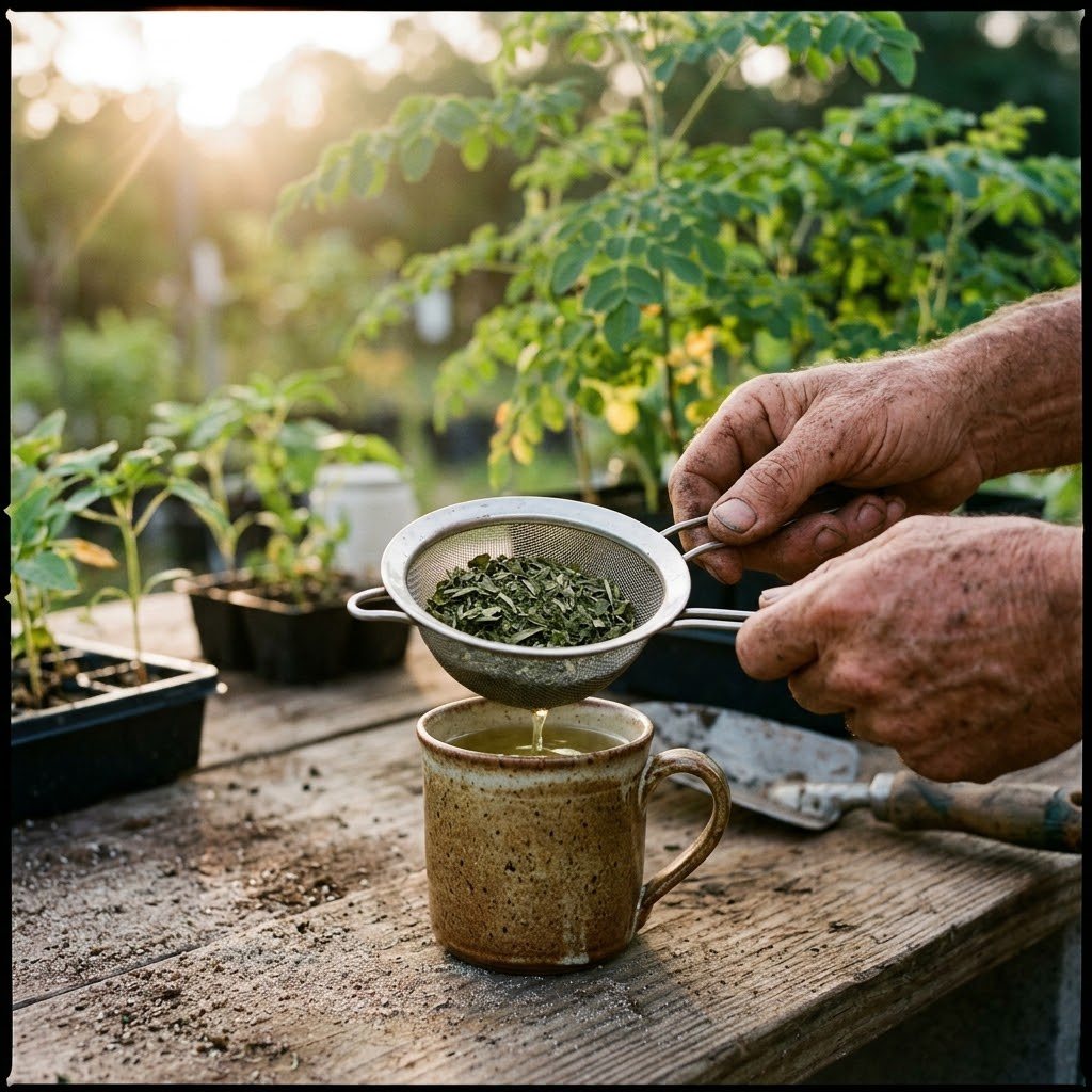 Hands straining dried moringa leaves into a rustic mug of tea in a garden setting