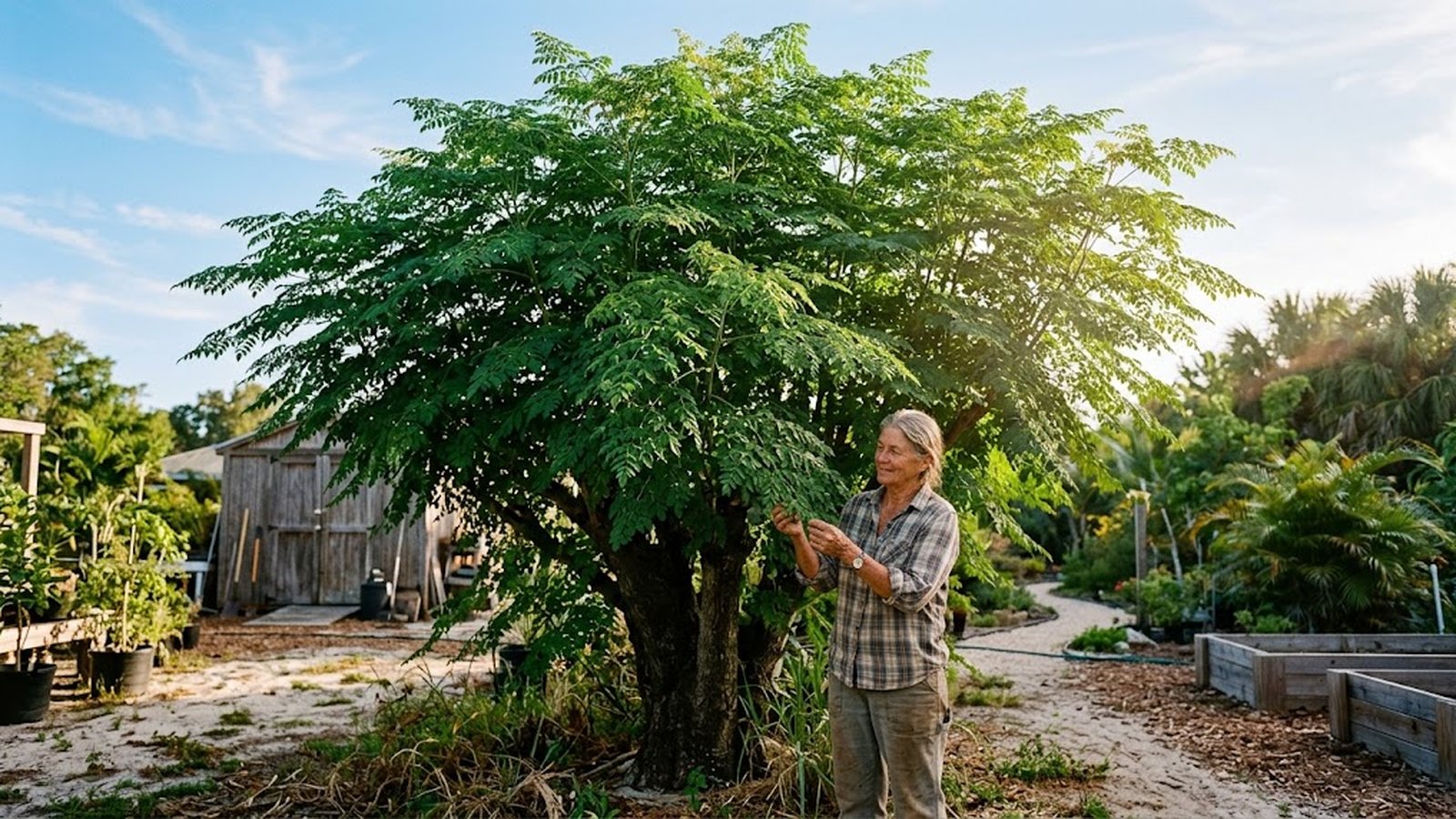 A woman stands beneath a large, mature moringa tree in a sunny Florida backyard.