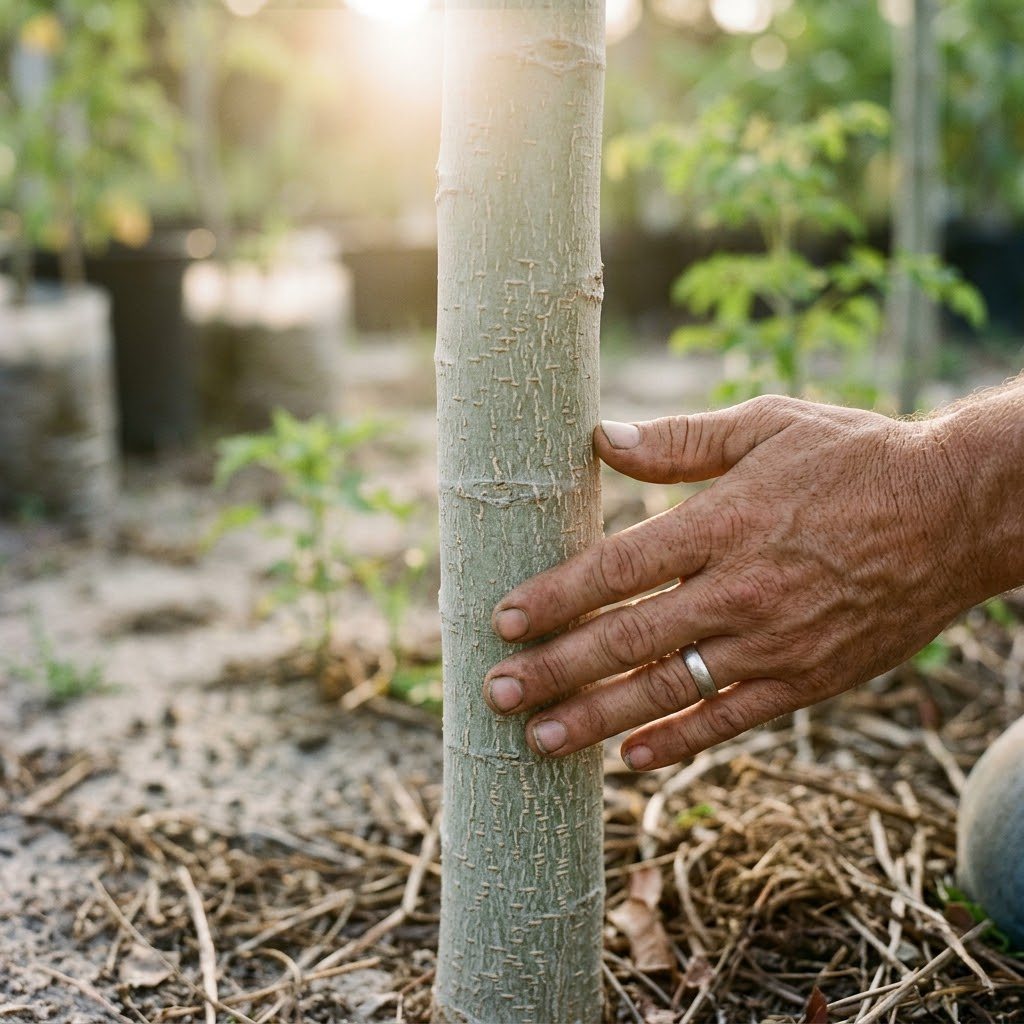 Close-up of a young moringa trunk with smooth pale grey-green bark and corky texture, a hand resting on it for scale
