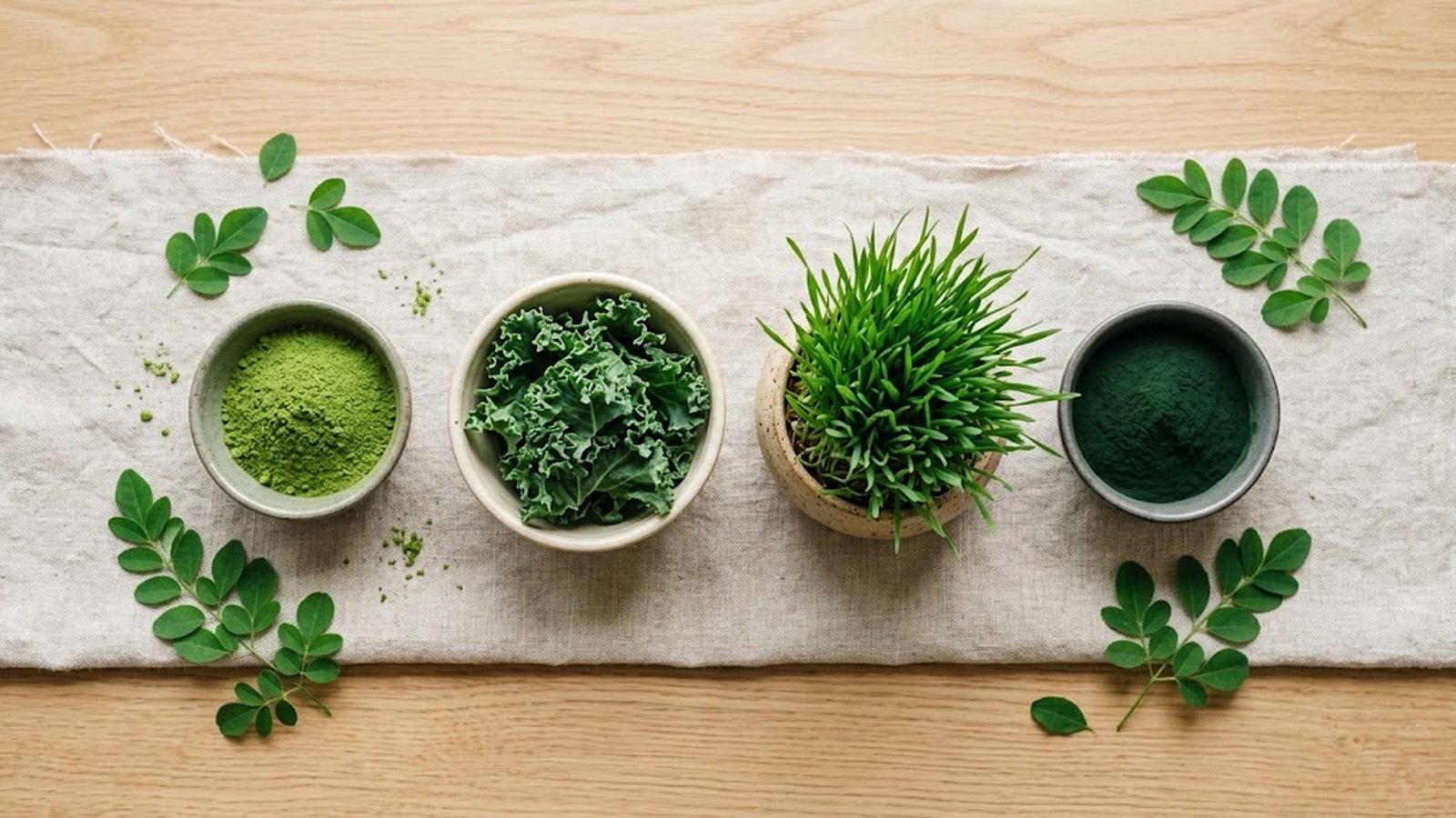 Four bowls of green powders and leaves arranged on a linen cloth with moringa leaves scattered around.