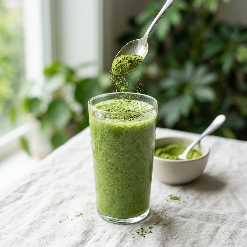 A spoon of moringa powder being sprinkled over a tall green smoothie in a glass