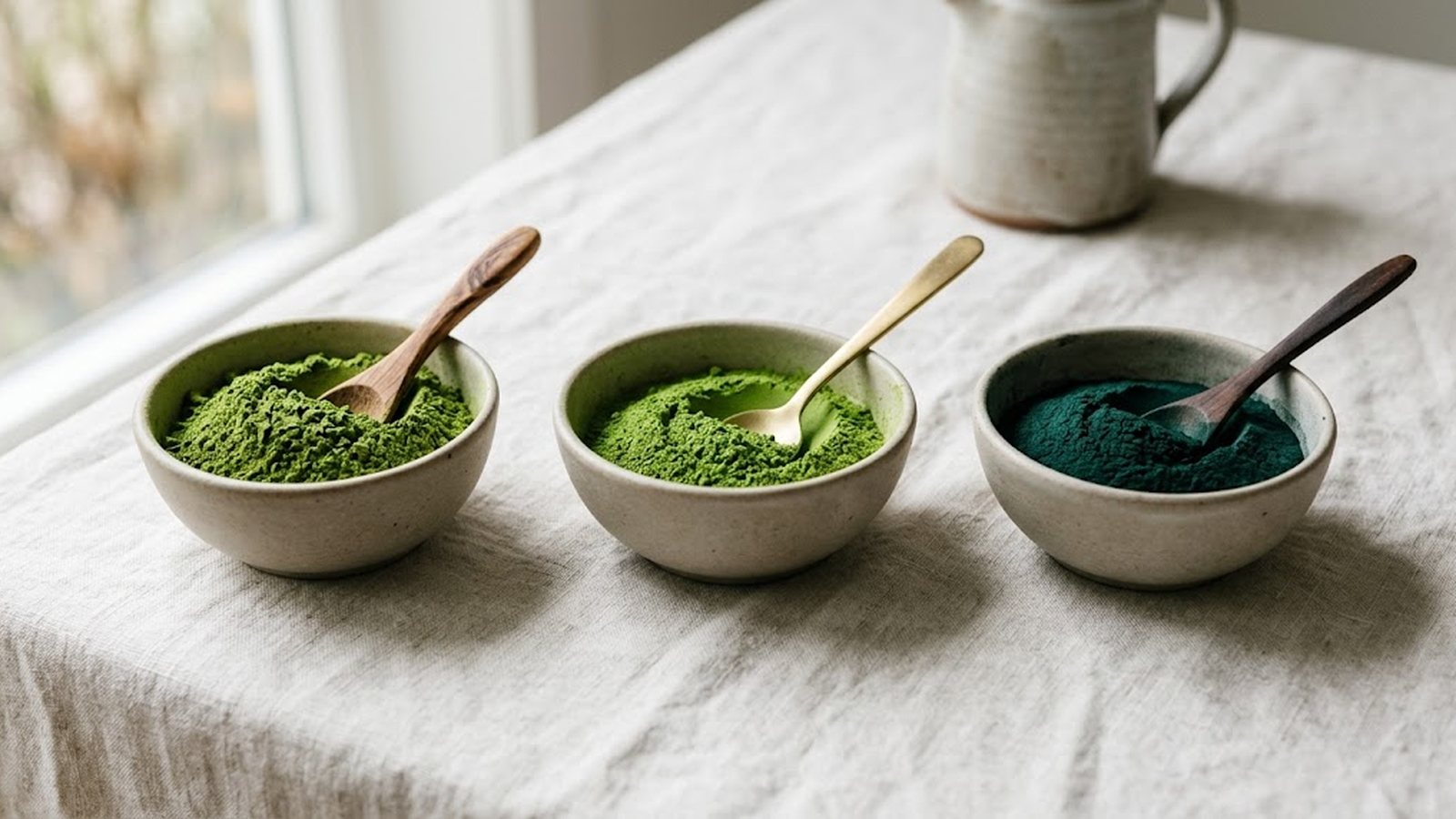 Three ceramic bowls filled with vibrant green moringa, jade matcha, and deep blue-green spirulina powders, each with a wooden or brass spoon.