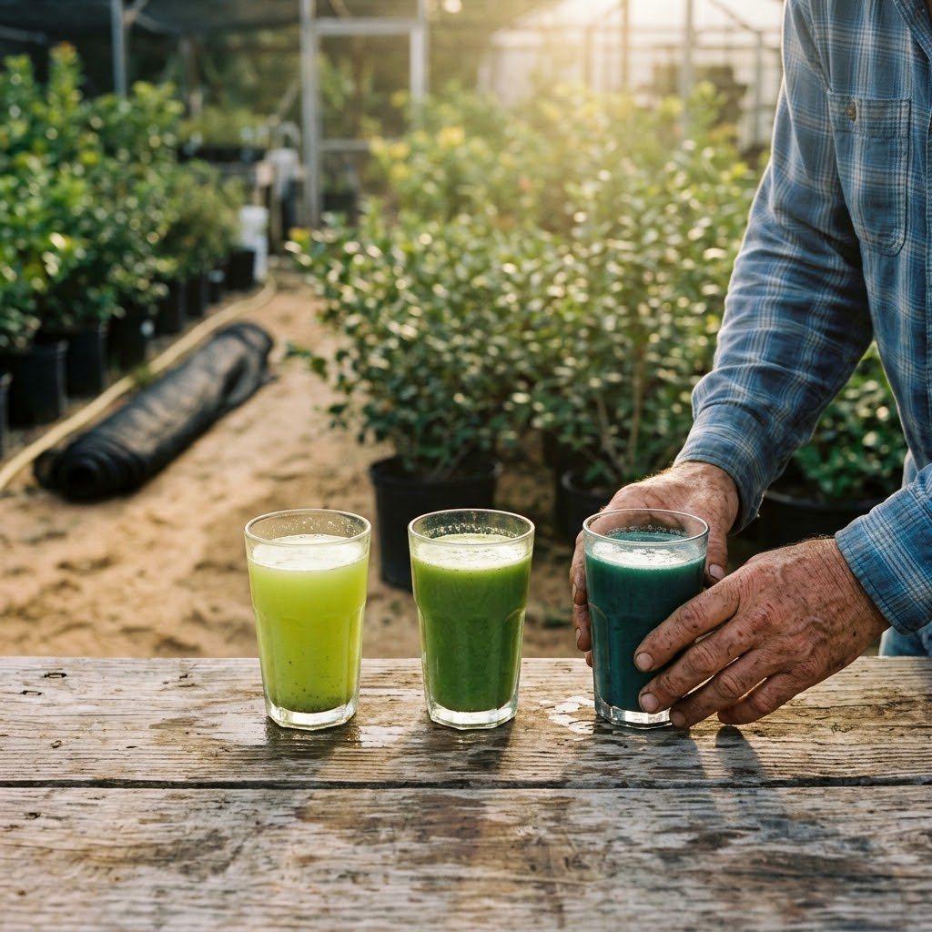 A farmer's hands hold a glass of deep green moringa drink next to two lighter green drinks on a rustic wooden table in a nursery