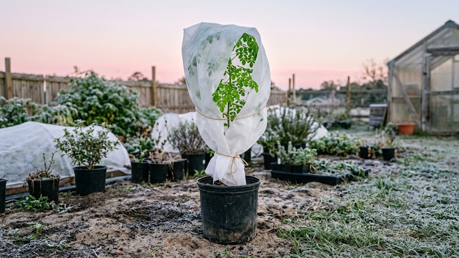 A young moringa tree wrapped in white frost cloth stands in a pot in a frosty Florida nursery at dawn.