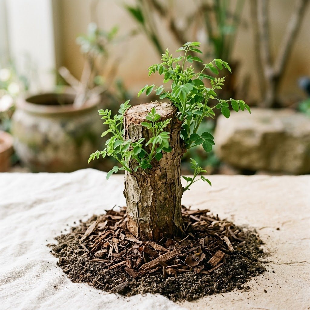 A cut-back moringa trunk pushing out vigorous new green spring shoots, mulch ring around the base