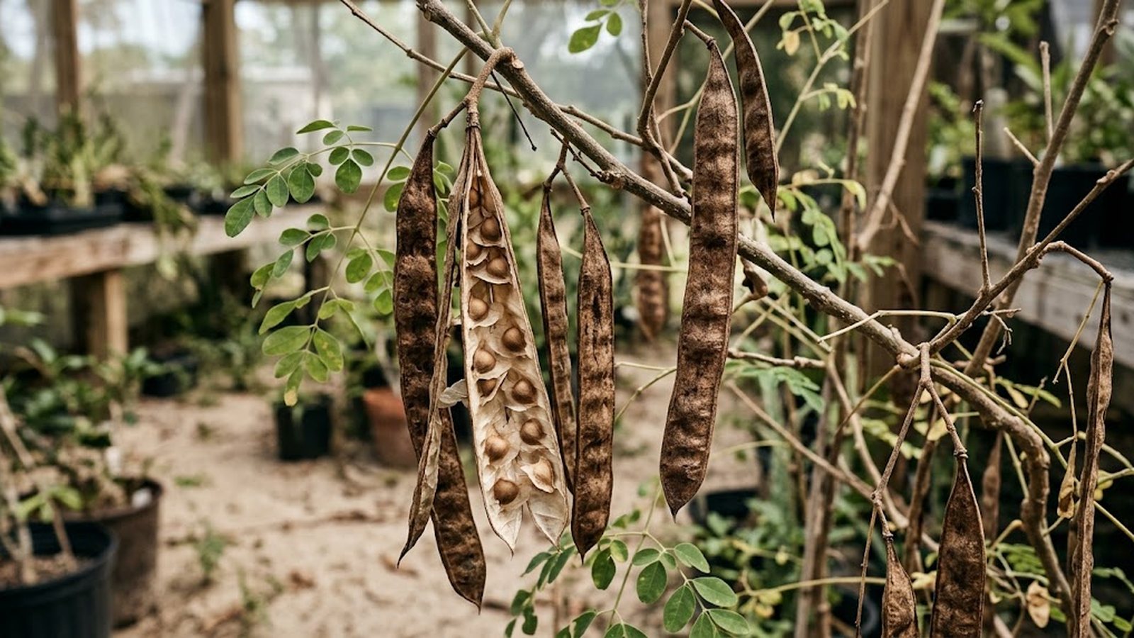 Close-up of dry moringa pods hanging from a branch in a greenhouse.