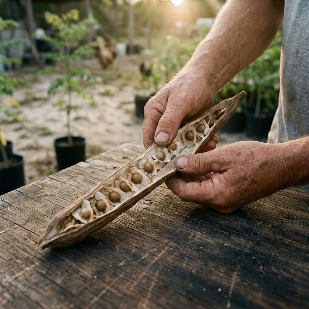 Hands splitting a dry brown moringa pod lengthwise to reveal a row of tan three-winged seeds