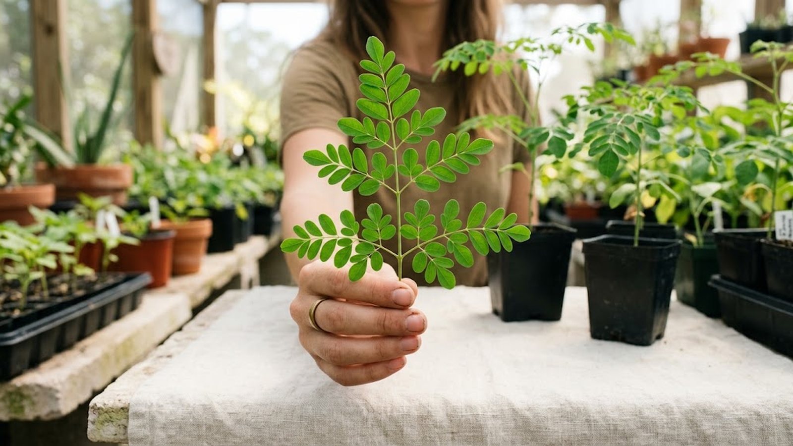 A hand holds a sprig of moringa leaves in front of a blurred greenhouse background.