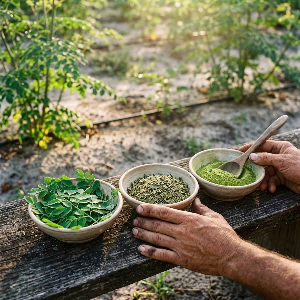 Hands holding three bowls of moringa products: fresh leaves, dried flakes, and vibrant green powder