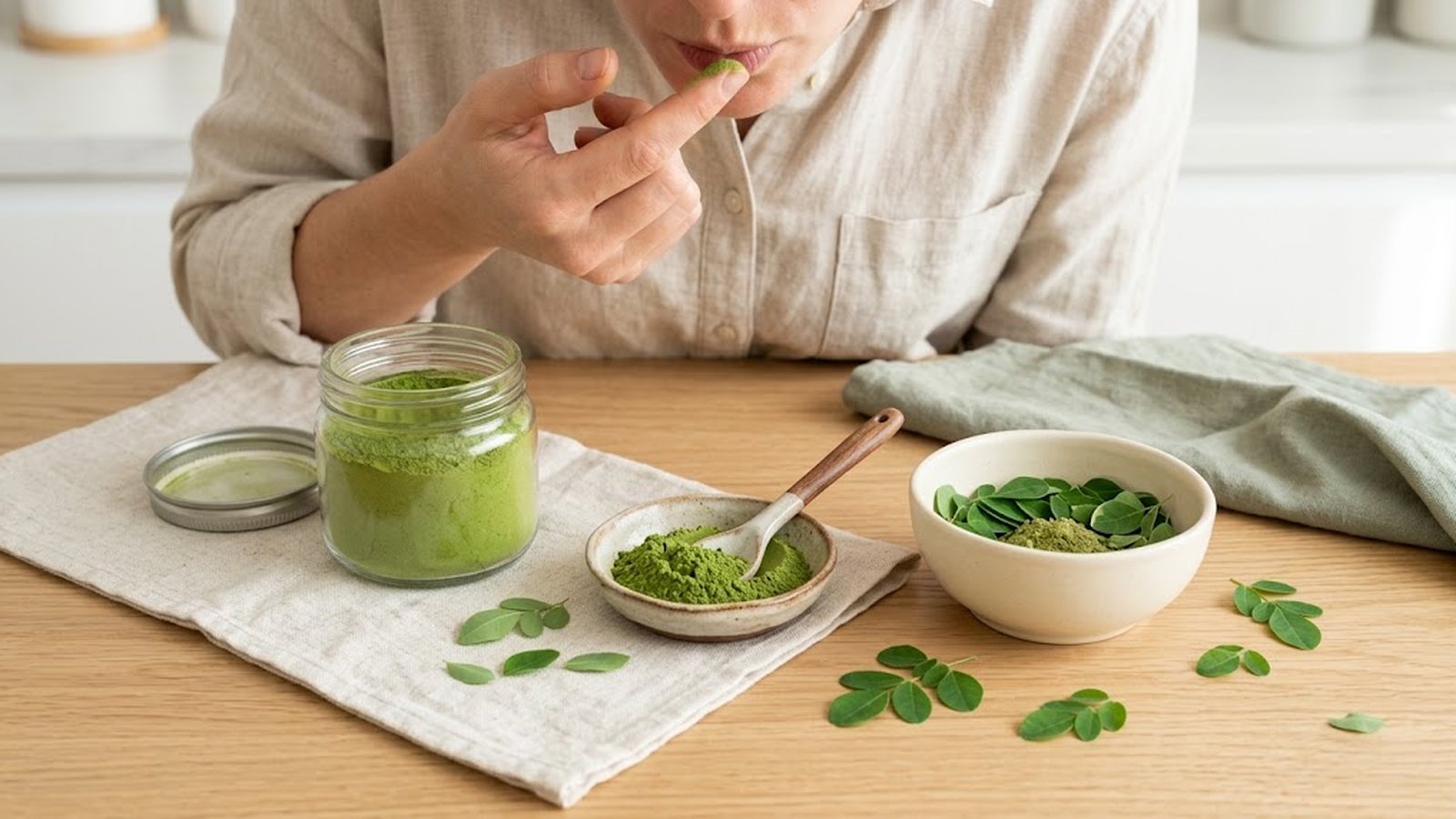 A person tastes a pinch of vibrant green moringa powder from their fingertip in a bright kitchen setting.