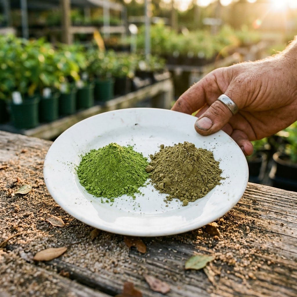 Close-up of two small mounds of powder side by side on a white plate: one bright vivid green, one dull brownish-green