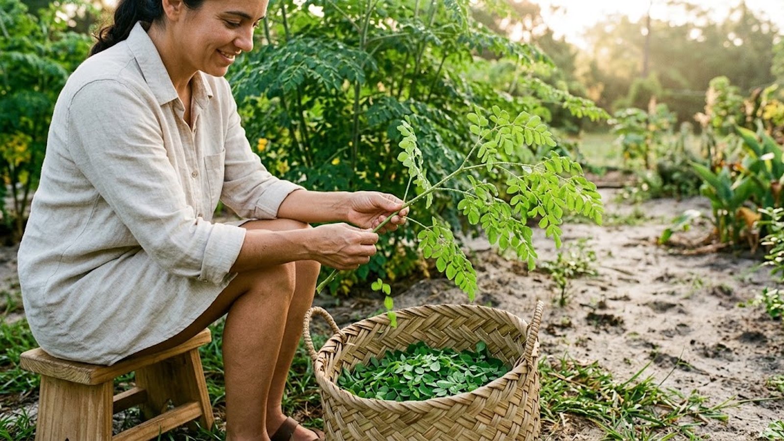 A woman harvests fresh moringa leaves into a woven basket in a sun-drenched Florida nursery.