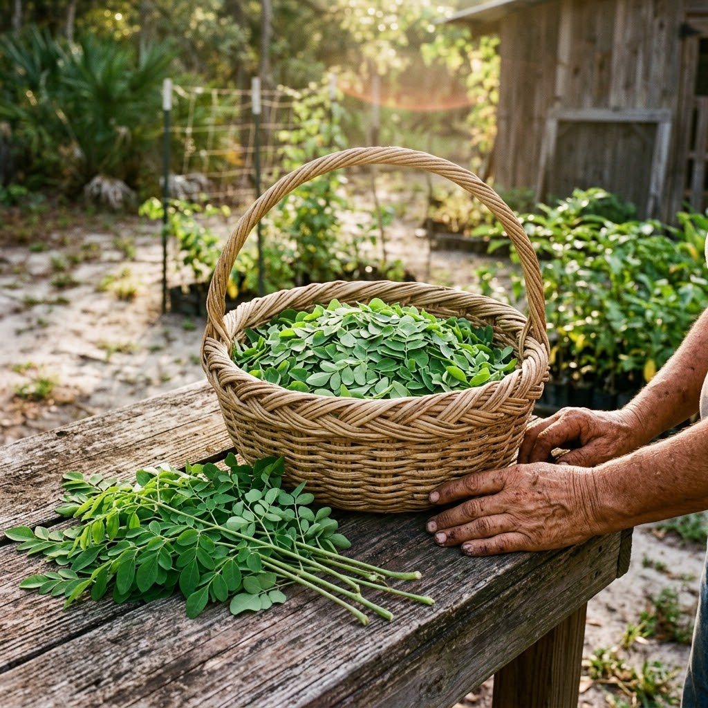 A woven basket heaped with freshly picked bright green moringa leaflets on a weathered wooden table